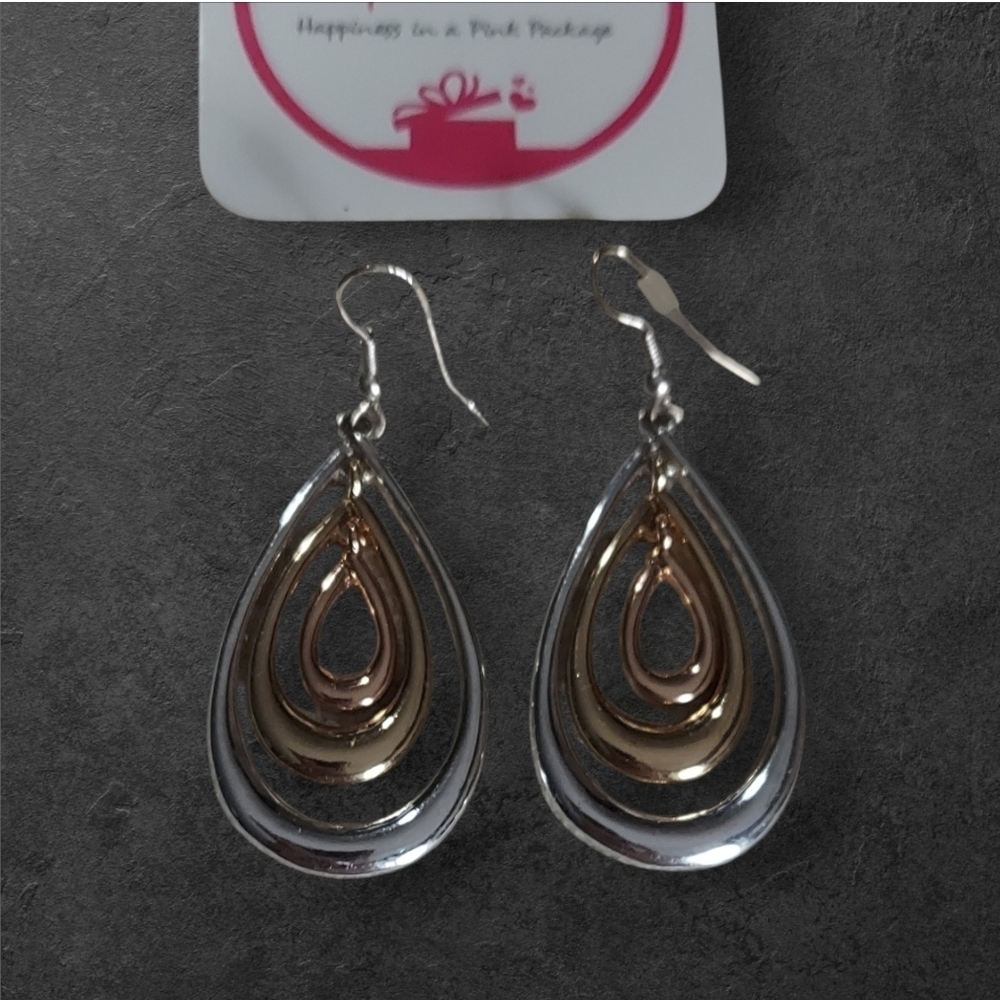 NWT Nadine West Silver and Gold Nested Teardrop Dangle Earrings ~1 5/8"